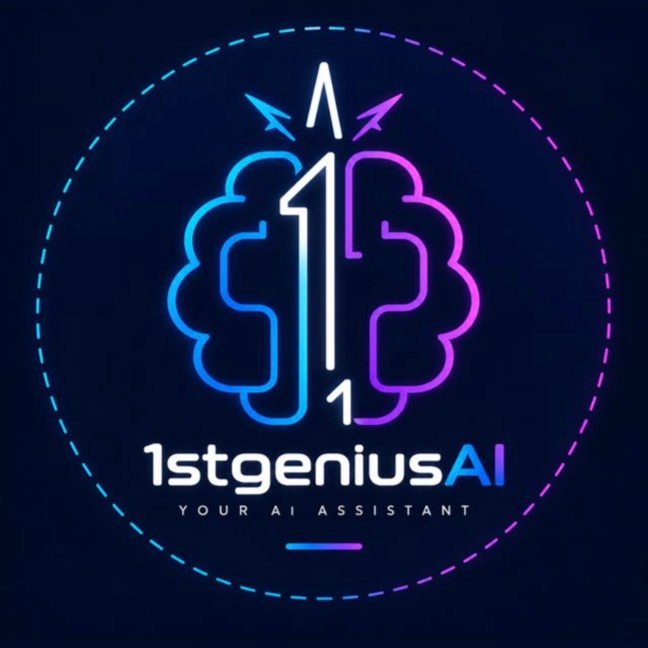 1stgeniusAI — cyan and magenta neon brain, white number 1, Your AI Assistant